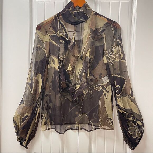 Escada Olive Multicolour 100% Silk Ruffle Blouse - EU 34 - Picture 5 of 16